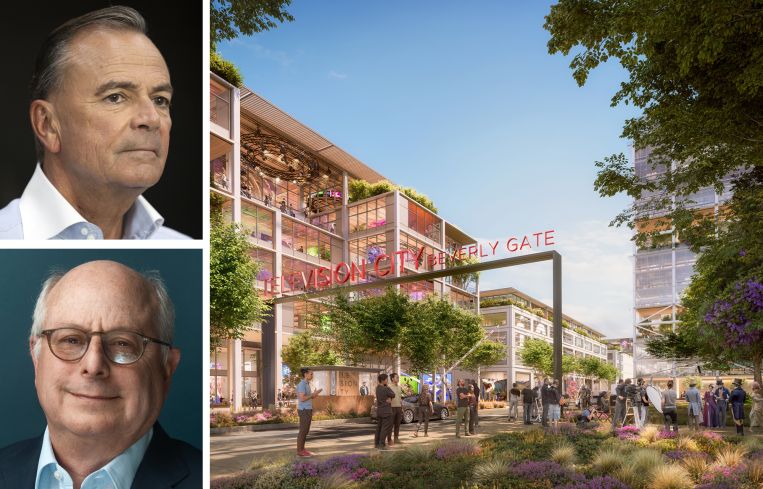 Rick Caruso, Michael Hackman, and a rendering of Hackman Capital Partners' Television City project.