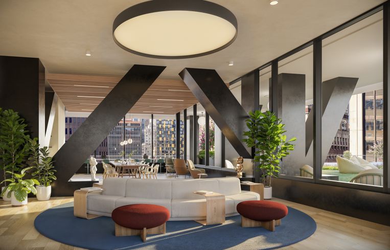 A rendering of the coworking lounge in 25 Water Street.
