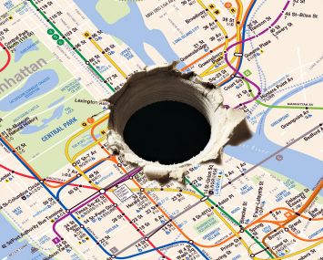 NYC subway map with hole drilled into the center.