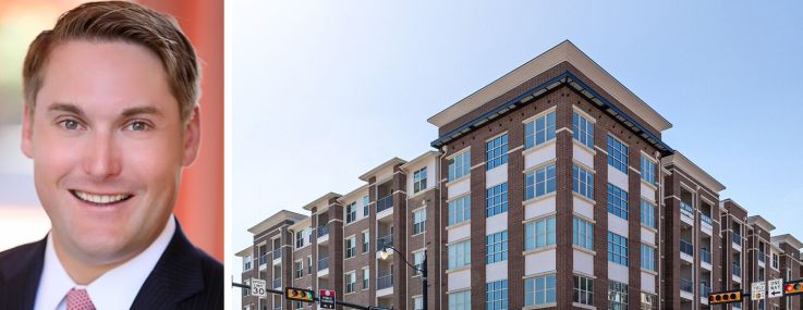 Tom Burns of Affinius Capital and a rendering of AMAC Holdings' planned Main & Mill Apartments property in Lewisville, Texas.
