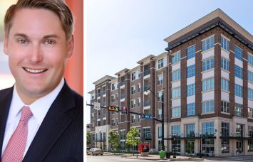 Tom Burns of Affinius Capital and a rendering of AMAC Holdings' planned Main & Mill Apartments property in Lewisville, Texas.
