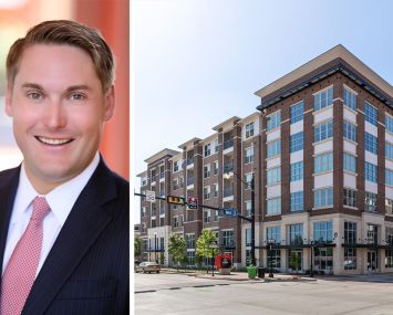 Tom Burns of Affinius Capital and a rendering of AMAC Holdings' planned Main & Mill Apartments property in Lewisville, Texas.