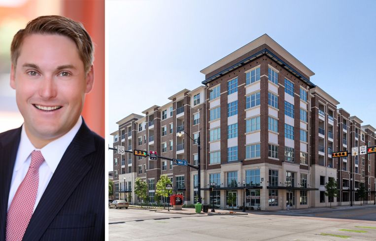 Tom Burns of Affinius Capital and a rendering of AMAC Holdings' planned Main & Mill Apartments property in Lewisville, Texas.