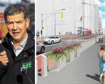 Ydanis Rodriguez, NYC Department of Transportation commissioner, and a rendering of the proposed changes to a section of 42nd Street.