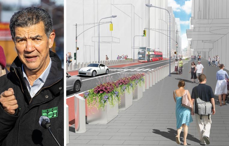 Ydanis Rodriguez, NYC Department of Transportation commissioner, and a rendering of the proposed changes to a section of 42nd Street.