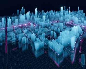 Connected city with glowing data and street lines. Source map data is open data via © OpenStreetMap contributors.