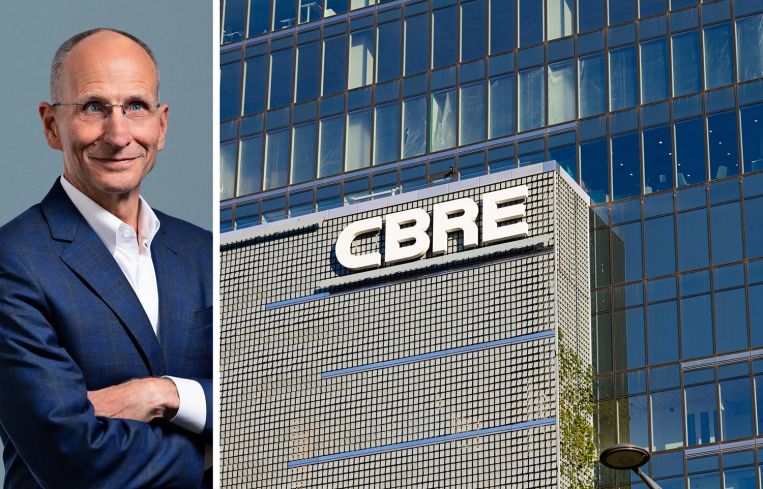 Bob Sulentic, CEO of CBRE, and a CBRE sign on an office building.
