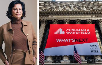 Cushman & Wakefield CEO Michelle MacKay and a Cushman & Wakefield sign at the New York Stock Exchange.