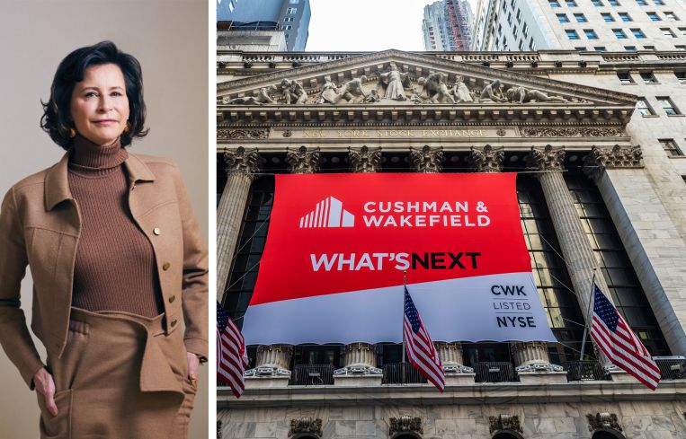 Cushman & Wakefield CEO Michelle MacKay and a Cushman & Wakefield sign at the New York Stock Exchange.