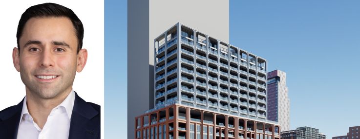 Aaron Krawitz, CEO of Bravo Capital and Bravo Property Trust, and a rendering of 175 Pearl Street, Brooklyn.