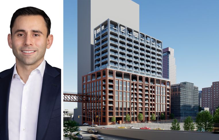 Aaron Krawitz, CEO of Bravo Capital and Bravo Property Trust, and a rendering of 175 Pearl Street, Brooklyn.