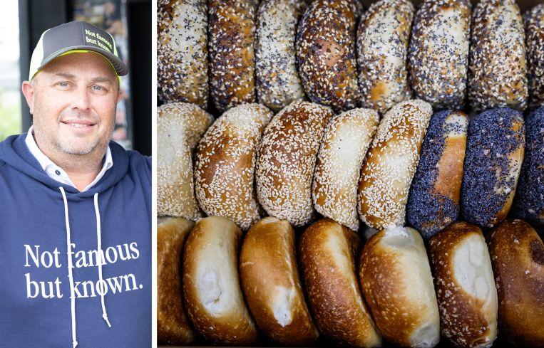 PopUp Bagels founder Adam Goldberg and a variety of bagels from PopUp Bagels.