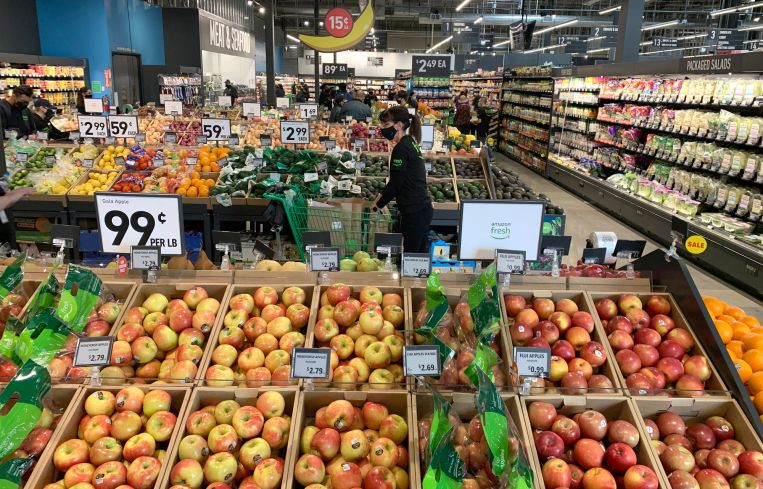 The produce section of an Amazon Fresh store.