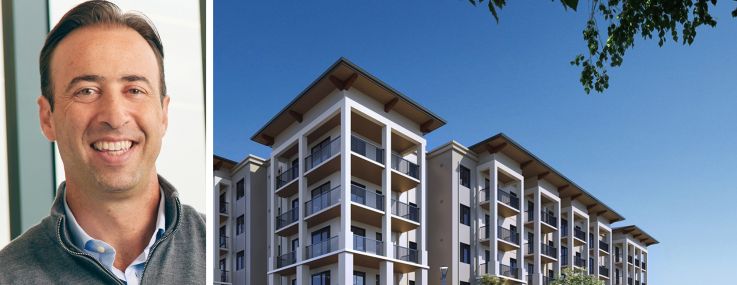 Arnaud Karsenti, managing principal of 13th Floor Investments, and a rendering of the Parks at Davie, Davie, Fla.