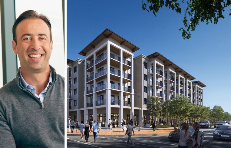Arnaud Karsenti, managing principal of 13th Floor Investments, and a rendering of the Parks at Davie, Davie, Fla.