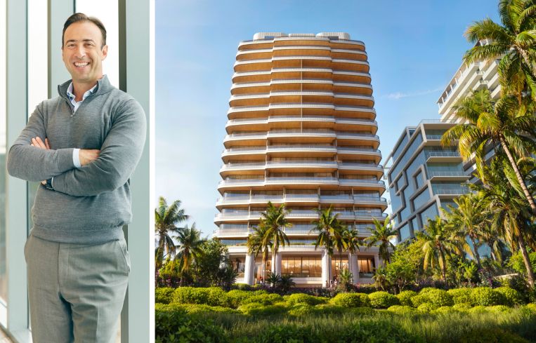 Arnaud Karsenti, managing principal of 13th Floor Investments, and a rendering of Casa Cipriani condo and hotel in Miami.