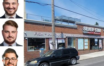 TriState Commercial Realty's Avi Akiva, Moshe Akiva, and Victor SaFenia, and 3800 Nostrand Avenue, Brooklyn.