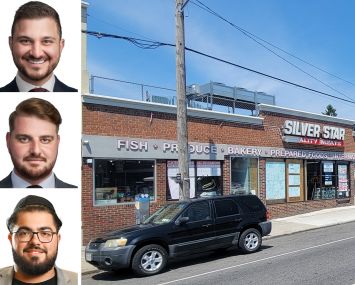 TriState Commercial Realty's Avi Akiva, Moshe Akiva, and Victor SaFenia, and 3800 Nostrand Avenue, Brooklyn.