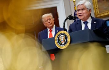 Taiwan Semiconductor Manufacturing Company CEO C.C. Wei (right), accompanied by U.S. President Donald Trump, speaks in the Roosevelt Room of the White House on March 3.