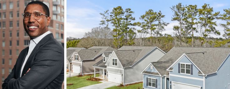 Chad Tredway of J.P. Morgan Asset Management and a rendering of Salem Oaks, a planned single family rental community in McDonough, Ga.