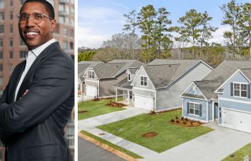 Chad Tredway of J.P. Morgan Asset Management and a rendering of Salem Oaks, a planned single family rental community in McDonough, Ga.
