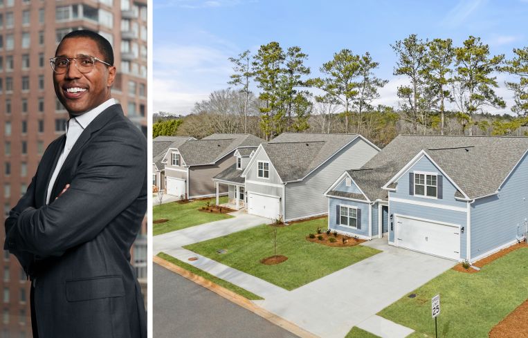 Chad Tredway of J.P. Morgan Asset Management and a rendering of Salem Oaks, a planned single family rental community in McDonough, Ga.