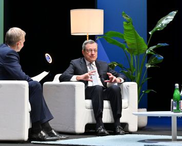 Former Italian Prime Minister Mario Draghi speaks during the keynote Tuesday at the annual MIPIM global real estate convention in Cannes, France.