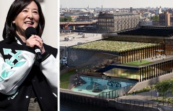 New York Liberty Governor Clara Wu Tsai and a rendering of the planned New York Liberty practice facility in Greenpoint, Brooklyn.