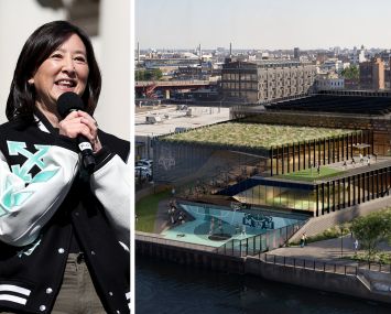 New York Liberty Governor Clara Wu Tsai and a rendering of the planned New York Liberty practice facility in Greenpoint, Brooklyn.