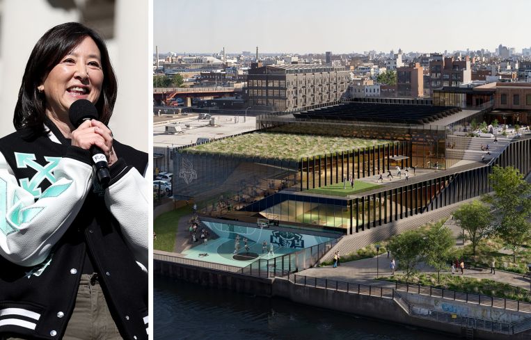 New York Liberty Governor Clara Wu Tsai and a rendering of the planned New York Liberty practice facility in Greenpoint, Brooklyn.