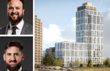 KS Group's Yehuda Kotkes and Daniel Spiegel, and a rendering of Alma Realty’s Astoria Cove project.