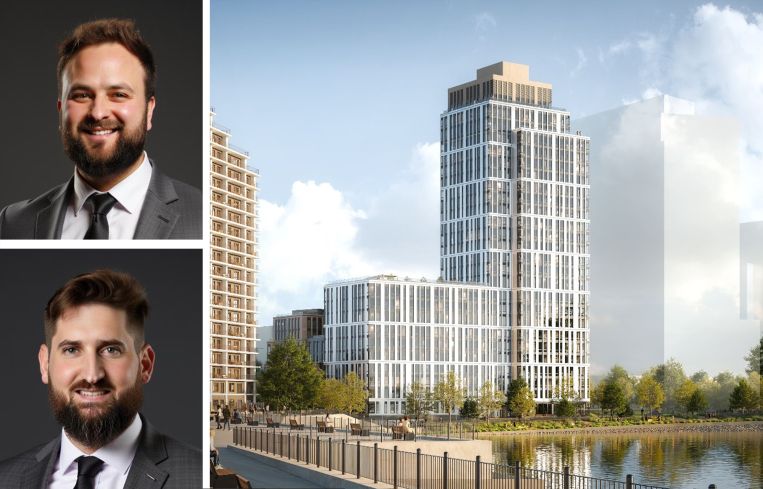 KS Group's Yehuda Kotkes and Daniel Spiegel, and a rendering of Alma Realty’s Astoria Cove project.