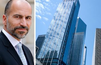A portrait of Uber CEO Dara Khosrowshahi and 3 World Trade Center.
