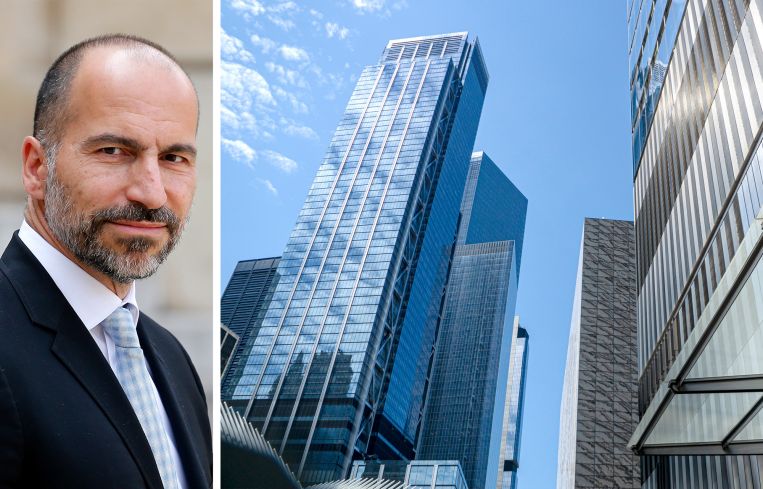 A portrait of Uber CEO Dara Khosrowshahi and 3 World Trade Center.