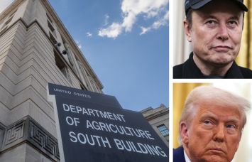 The Department of Agriculture South Building in Washington, D.C., Elon Musk, and President Donald Trump.