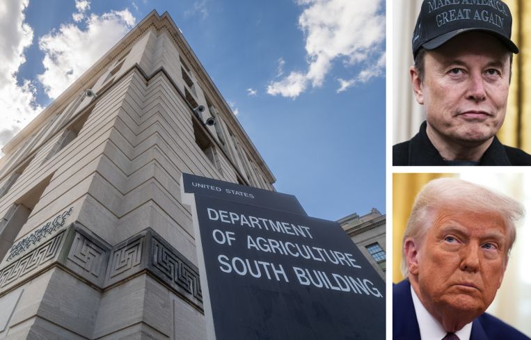The Department of Agriculture South Building in Washington, D.C., Elon Musk, and President Donald Trump.