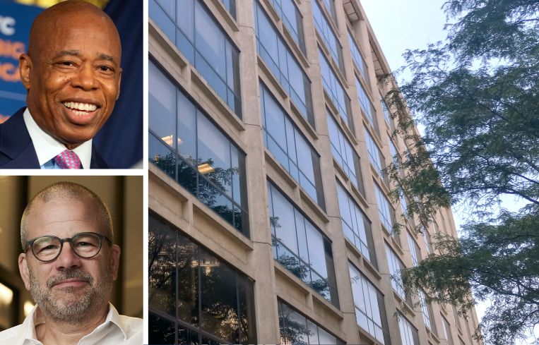 Mayor Eric Adams, NYCEDC President and CEO Andrew Kimball, and 100 Gold Street.