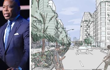 Mayor Eric Adams and a drawing of the Atlantic Avenue Mixed-Use Plan.