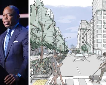 Mayor Eric Adams and a drawing of the Atlantic Avenue Mixed-Use Plan.