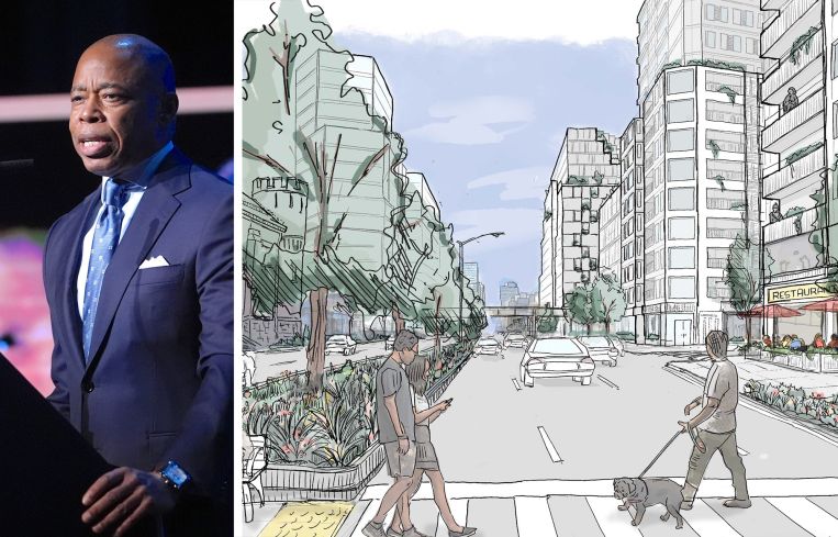 Mayor Eric Adams and a drawing of the Atlantic Avenue Mixed-Use Plan.