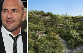 Gary Safady and a rendering for a formerly planned Bulgari-branded luxury hotel in Los Angeles.