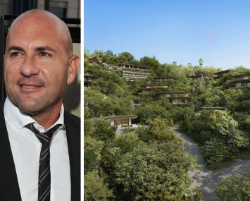 Gary Safady and a rendering for a formerly planned Bulgari-branded luxury hotel in Los Angeles.