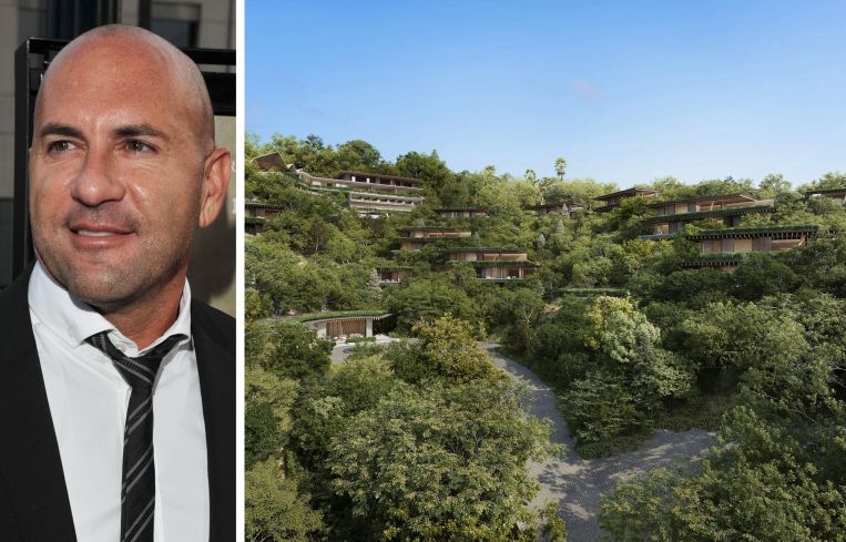 Gary Safady and a rendering for a formerly planned Bulgari-branded luxury hotel in Los Angeles.