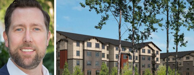 Gregory Koenig, senior vice president of commercial real estate credit at Peachtree Group, and rendering for Yorkshire Apartments in Tumwater, Wash.