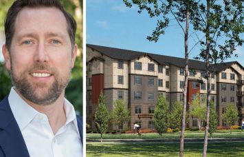 Gregory Koenig, senior vice president of commercial real estate credit at Peachtree Group, and rendering for Yorkshire Apartments in Tumwater, Wash.