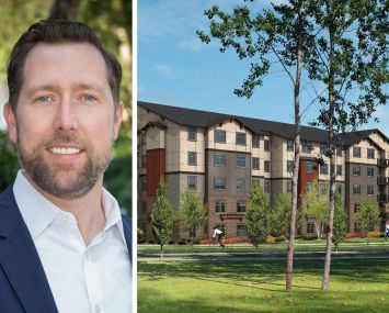 Gregory Koenig, senior vice president of commercial real estate credit at Peachtree Group, and rendering for Yorkshire Apartments in Tumwater, Wash.