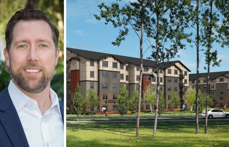 Gregory Koenig, senior vice president of commercial real estate credit at Peachtree Group, and rendering for Yorkshire Apartments in Tumwater, Wash.