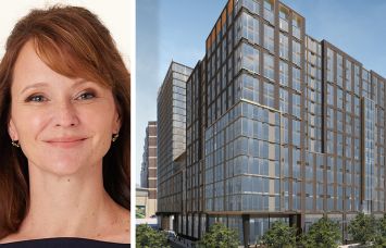 BXP's Hilary Spann and a rendering of 290 Coles Street, Jersey City, N.J.