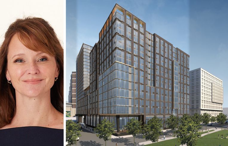 BXP's Hilary Spann and a rendering of 290 Coles Street, Jersey City, N.J.