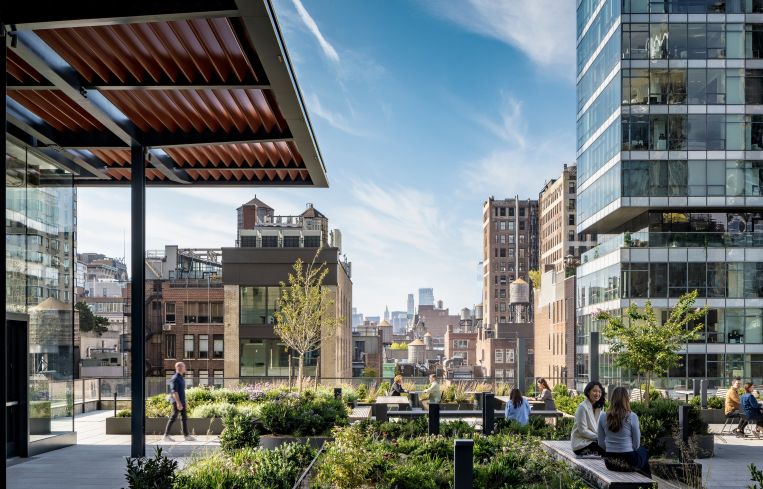 A lush, sunny terrace off an office building.